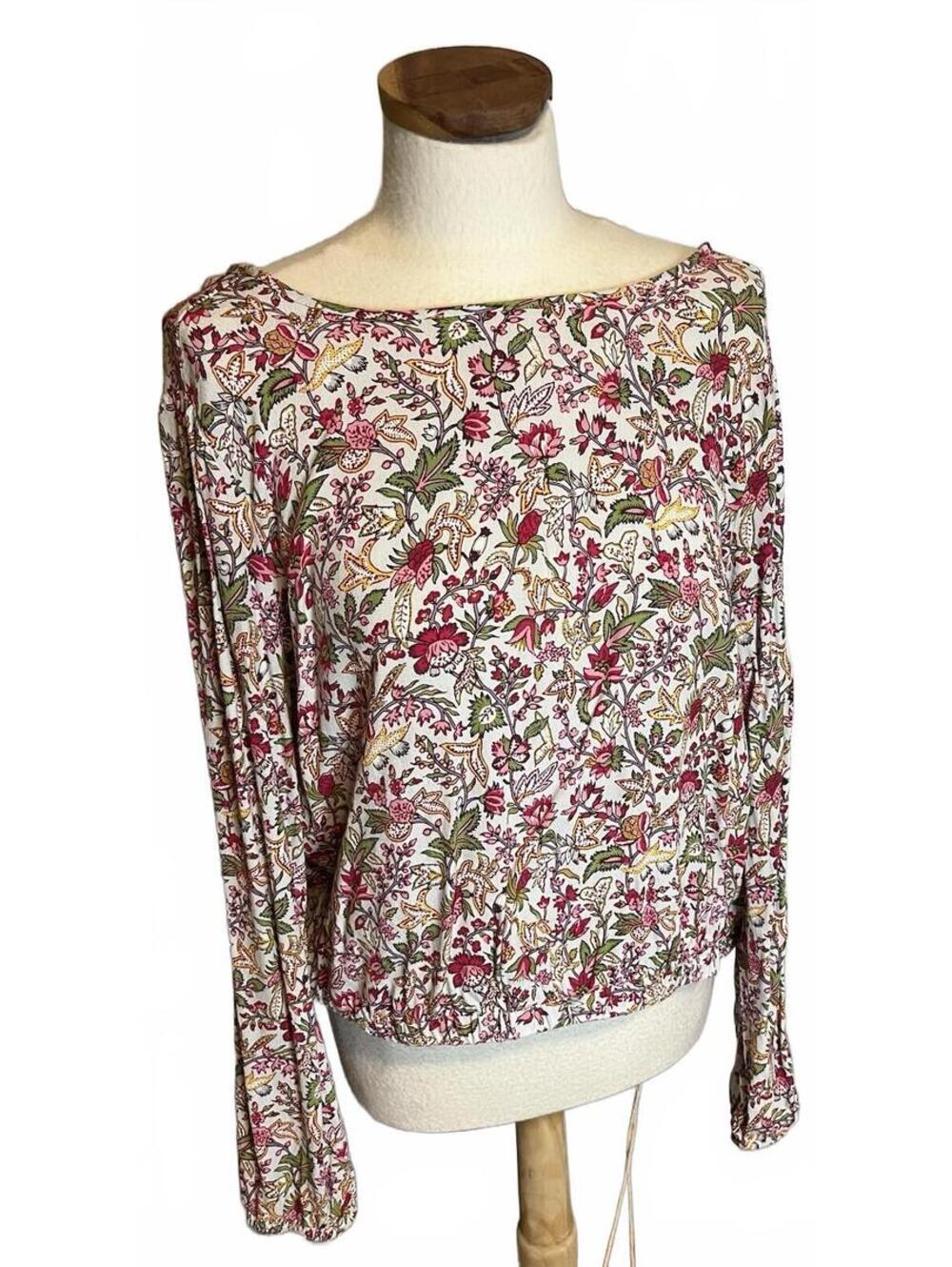 Loft L Long Sleeves Floral Print V Cut Back Elastic Hem Shirt Cottagecore Pink